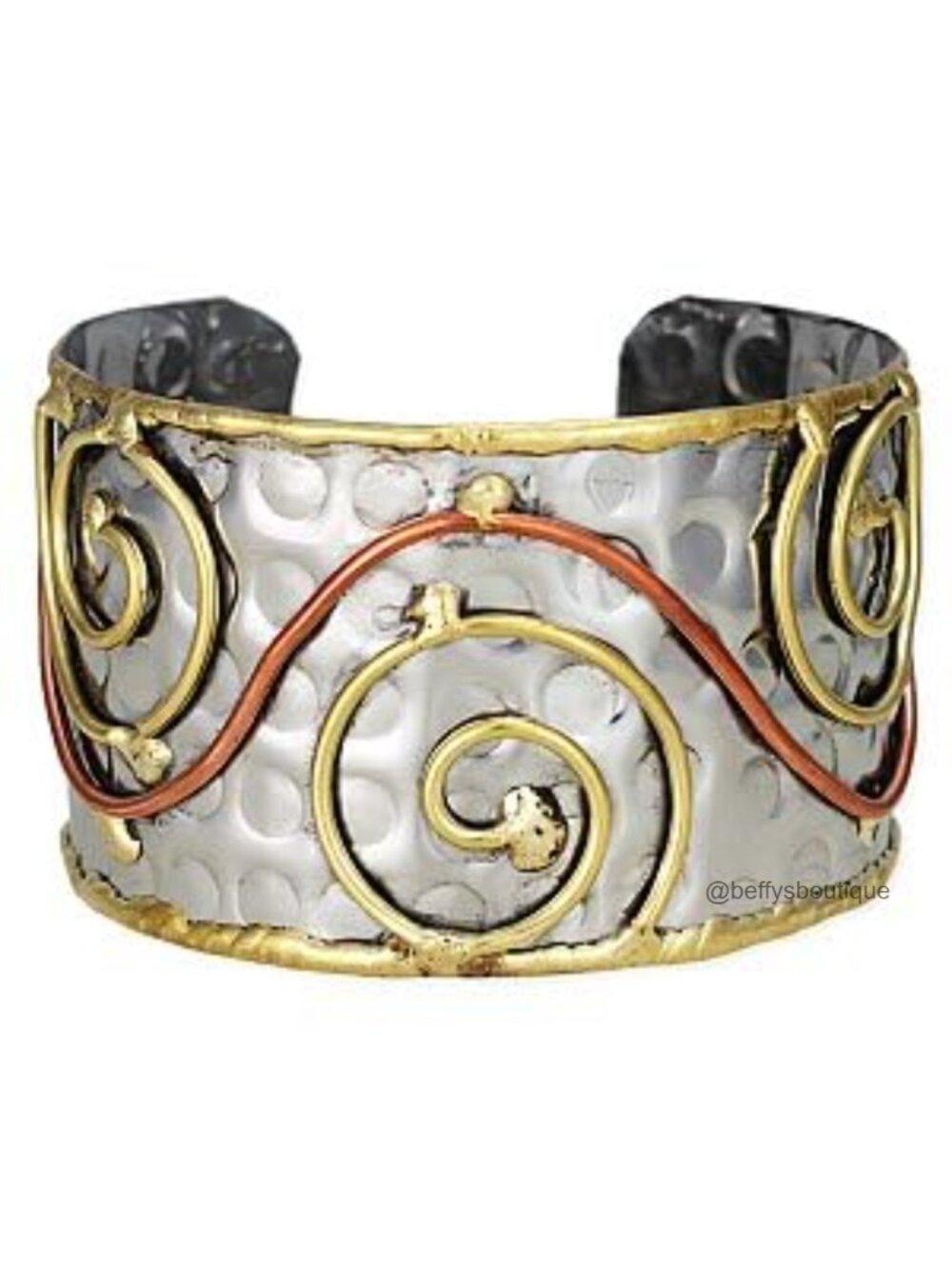Handcrafted Mixed Metal Cuff Bracelet Hammered Silver Wire Spirals Boho